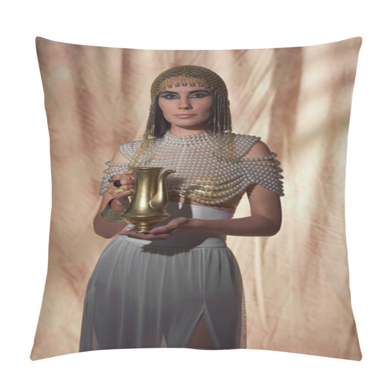 Personality  Elegant Woman In Egyptian Look And Pearl Necklace Holding Shiny Jug On Abstract Background Pillow Covers