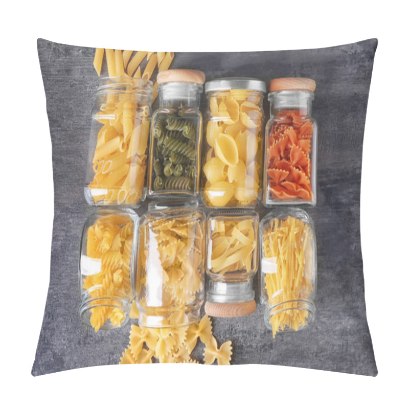 Personality  Glass Jars With Different Raw Pasta On Table Pillow Covers