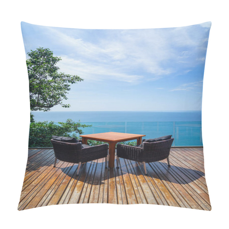 Personality  Table And Rattan Outdoor Armchair Setting On Wooden Deck And Glass Balcony With Panoramic Andaman Ocean Sea View, Green Tree And Blue Sky Background On Sunny Day, Phuket, Thailand Pillow Covers