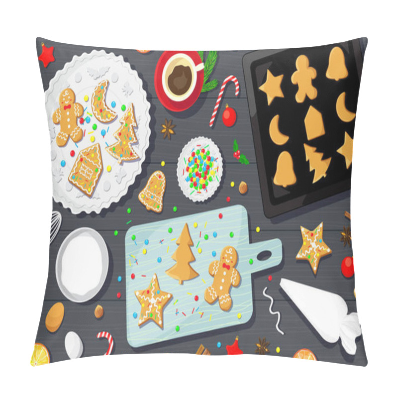 Personality  Decorating Christmas Gingerbread Cookies With Glaze, Candies And Sprinkles. Vector Illustration Background. Pillow Covers