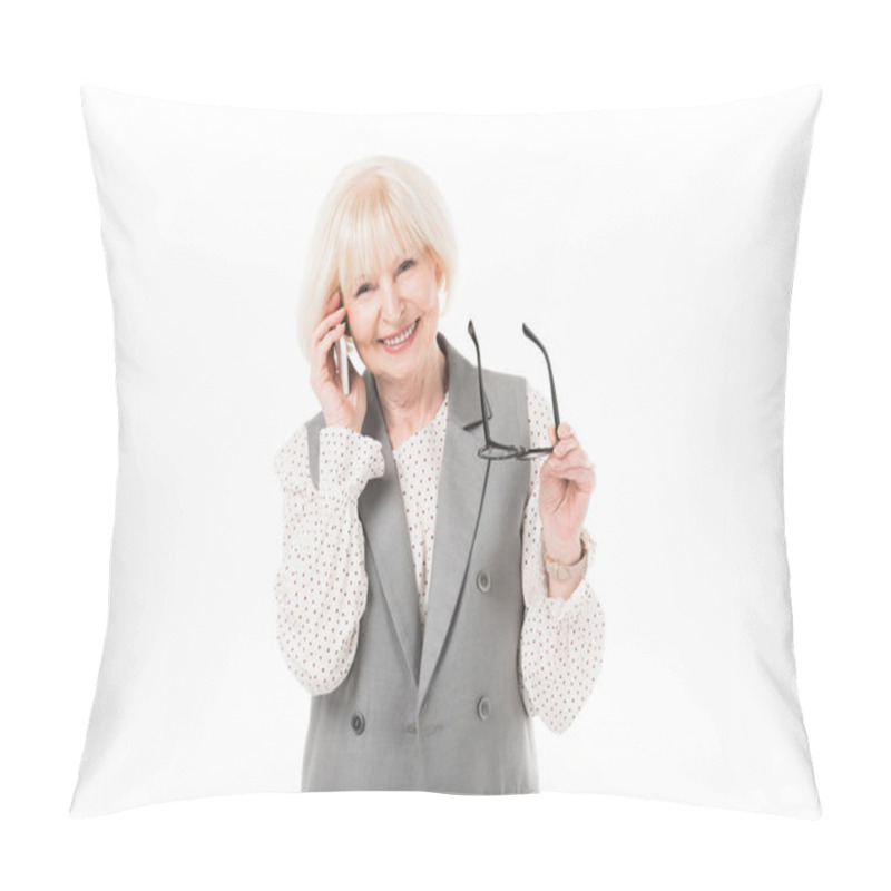 Personality  Smiling Senior Businesswoman Talking On Smartphone And Holding Eyeglasses Isolated On White Pillow Covers