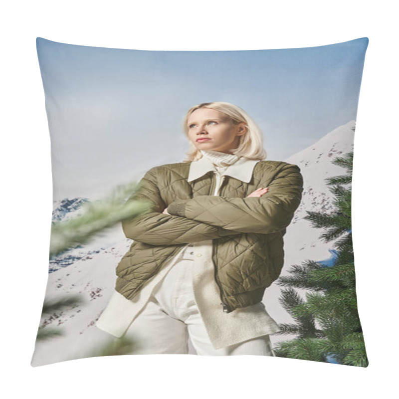 Personality  Serious Stylish Woman Posing With Her Arms Crossed On Chest And Looking Away, Winter Fashion Pillow Covers