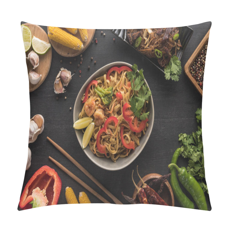 Personality  Top View Of Tasty Spicy Seafood Thai Noodles Near Chopsticks And Fresh Ingredients On Wooden Grey Surface Pillow Covers