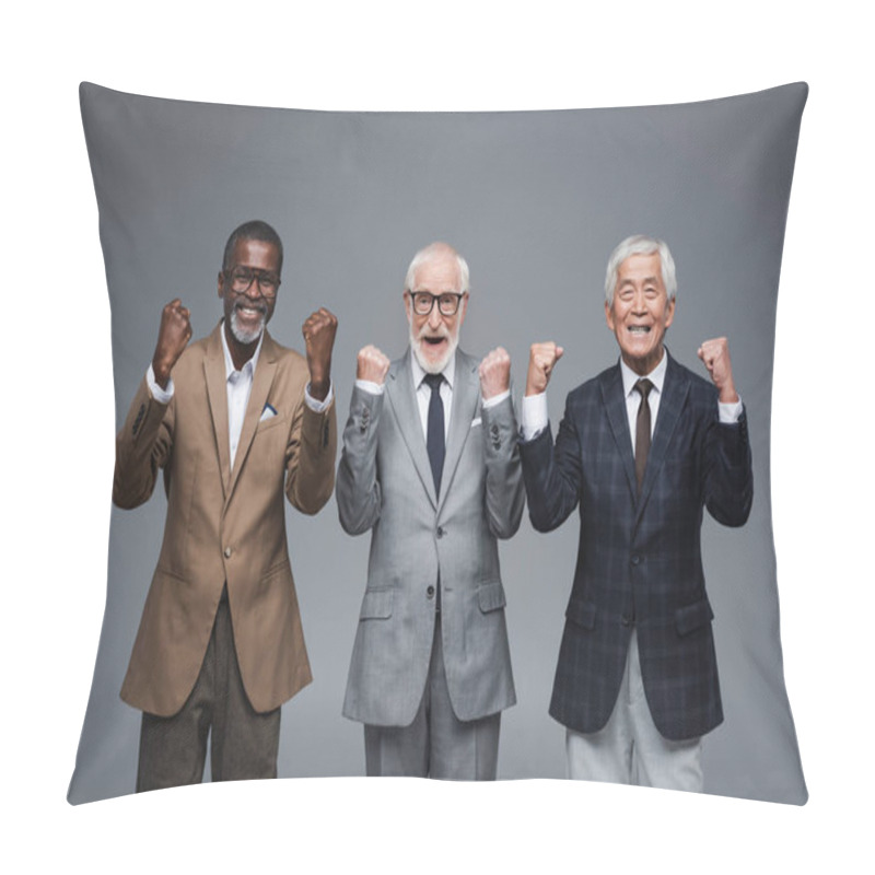 Personality  Successful Multicultural Businessmen Showing Triumph Gesture Isolated On Grey Pillow Covers