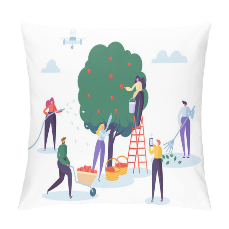 Personality  Farmer Pick Apple Harvest To Basket. Woman Character Harvesting Ripe Fruit From Green Organic Tree. Man Control Farm With Drone. Country Garden Landscape Flat Cartoon Vector Illustration Pillow Covers