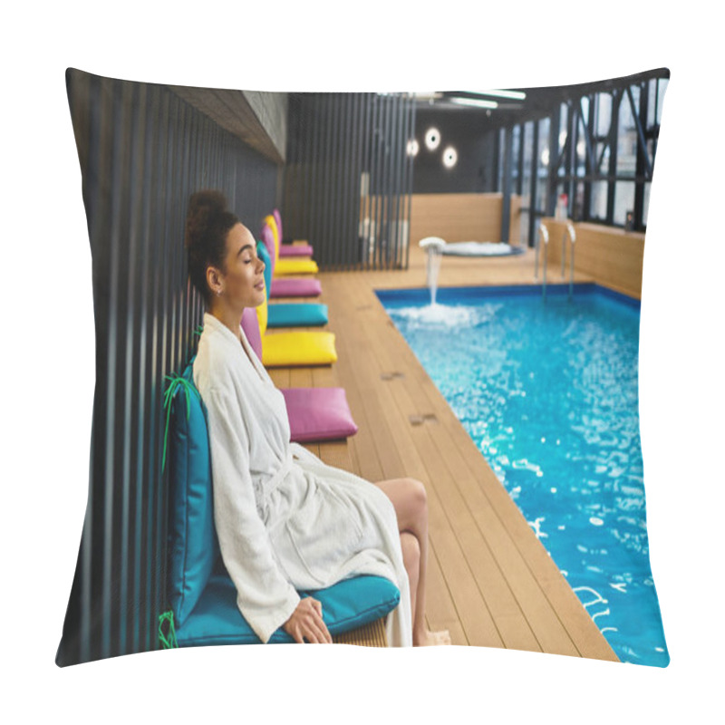 Personality  A Young African American Woman Enjoys A Moment Of Peace Beside The Tranquil Pool At The Spa. Pillow Covers