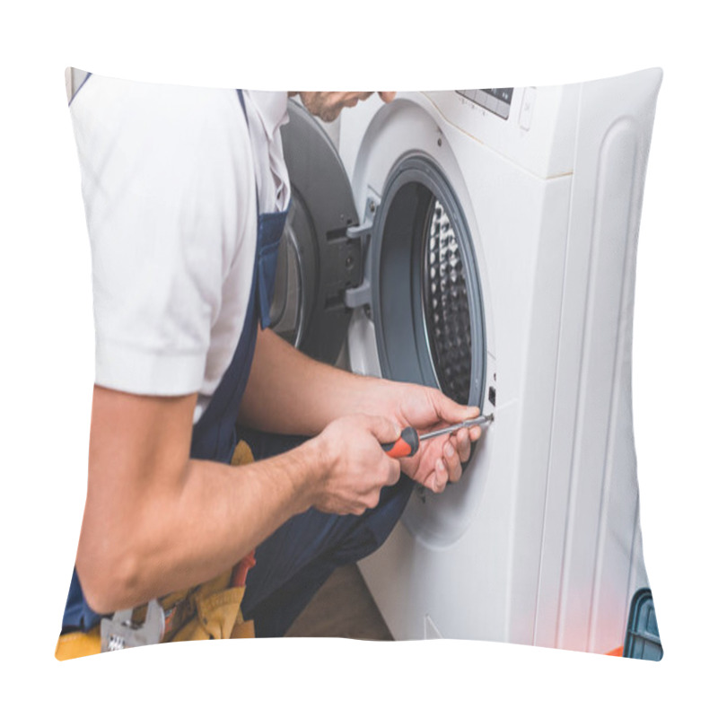 Personality  Cropped View Of Adult Repairman Working With Screwdriver While Repairing Washing Machine In Bathroom  Pillow Covers