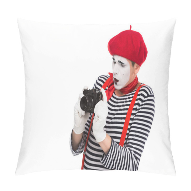 Personality  Shocked Mime Taking Photo With Film Camera Isolated On White Pillow Covers