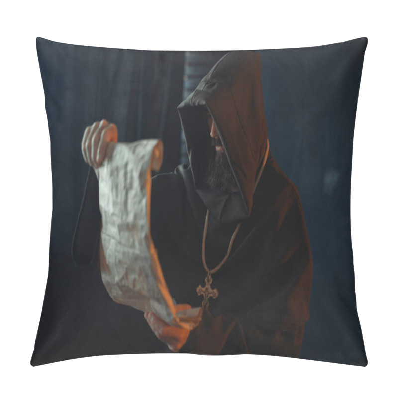 Personality  Medieval Monk With An Evil Face Reading A Prayer In The Ancient Manuscript, Religion. Mysterious Friar In Dark Cape. Mystery And Spirituality Pillow Covers