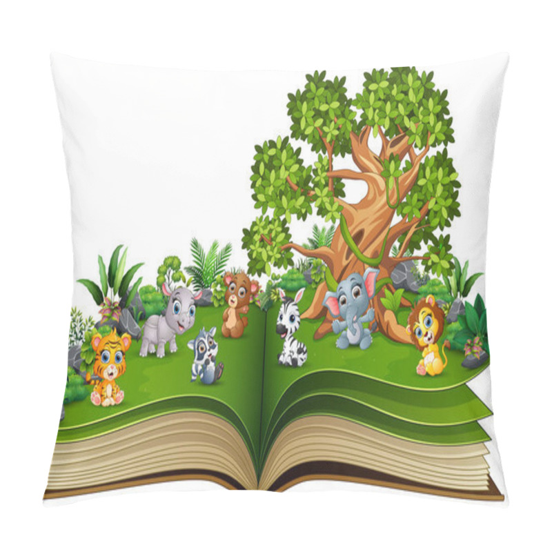 Personality  Open Book With Animal Cartoon Playing In The Park Under A Big Tree Pillow Covers