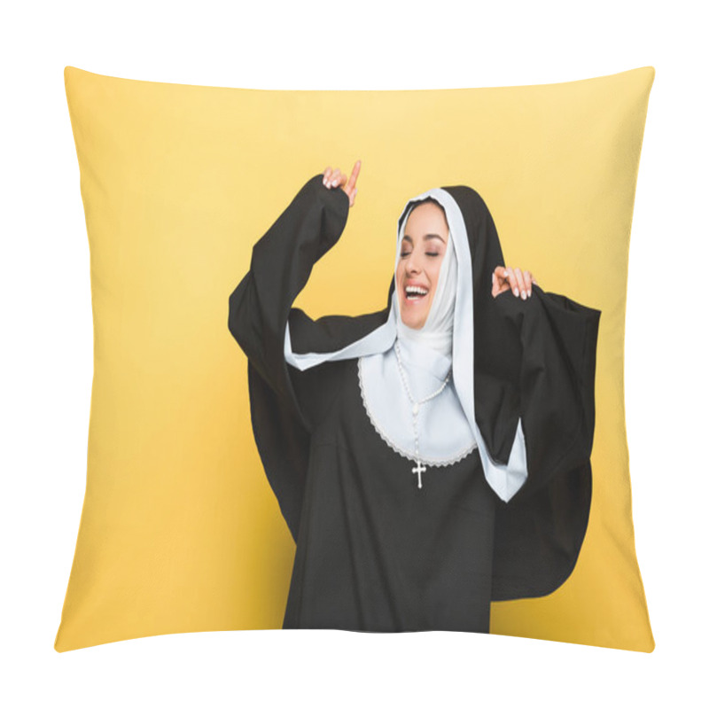 Personality  Beautiful Cheerful Nun Dancing With Closed Eyes, On Yellow Pillow Covers