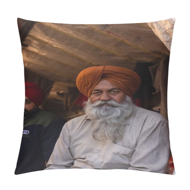 Personality  NEW DELHI, INDIA - JANUARY 2021 : Portrait Of Old Sikh Indian Farmers From Different States Protests At Ghazipur Border. Farmers Are Protesting Against The New Farm Laws In India. Pillow Covers