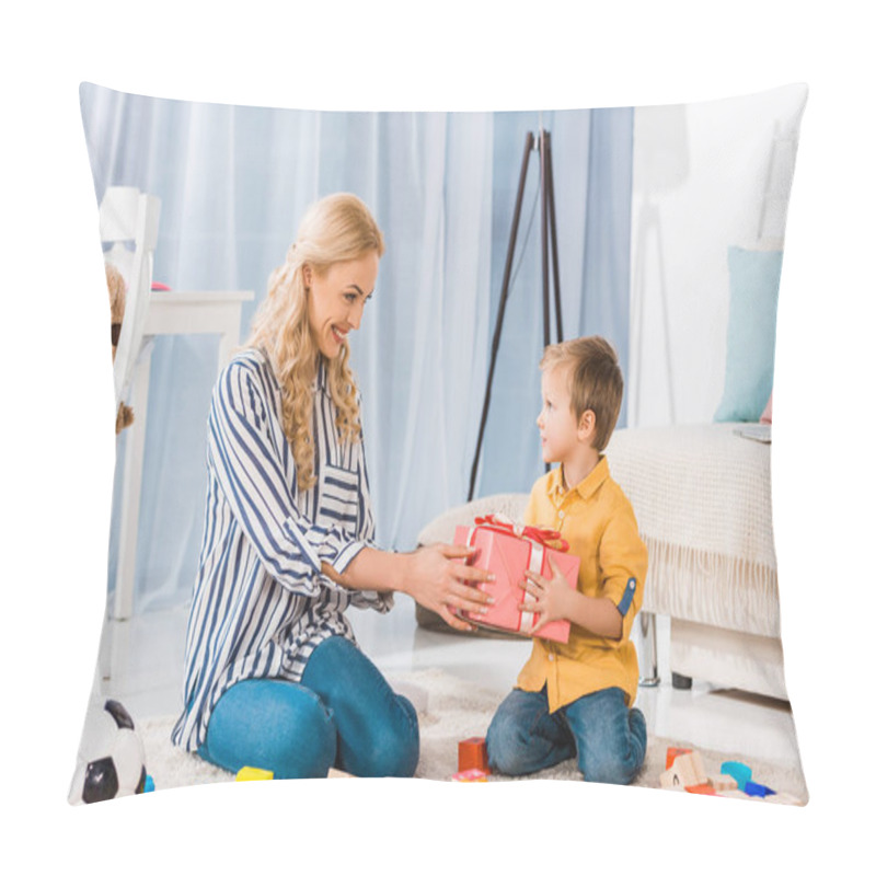 Personality  Smiling Mother Presenting Gift To Little Son At Home Pillow Covers