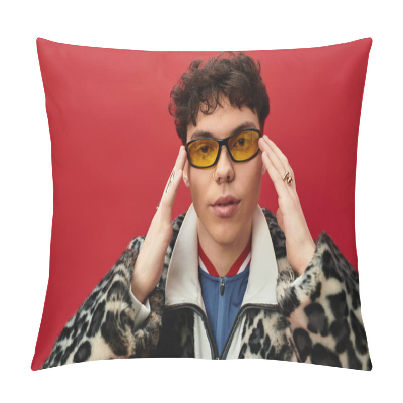 Personality  Handsome Individual Embraces Bold Style With Unique Fashion Choices And Playful Sunglasses. Pillow Covers