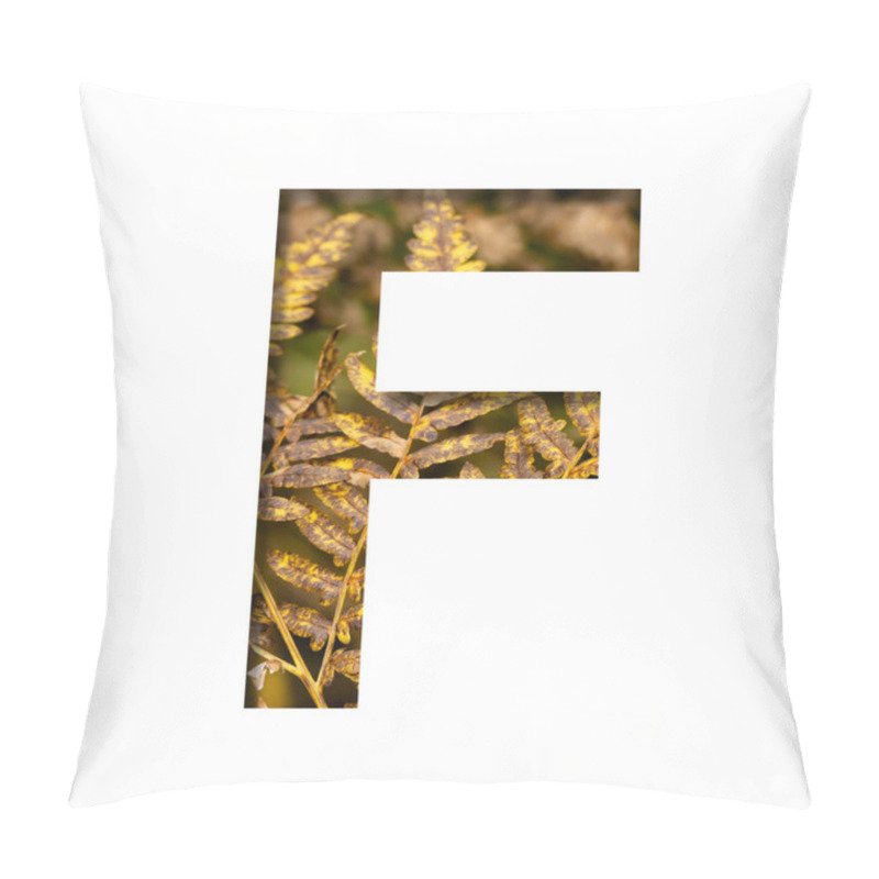 Personality  The Letter F Is Cut From White Paper With Autumn Fern Leaves Background, Late Autumn Font Or Alphabet. Collection Of Decorative Fonts. Pillow Covers