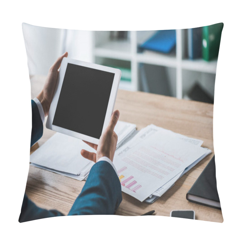 Personality  Cropped View Of Businessman Holding Digital Tablet With Blank Screen Near Charts And Graphs On Desk  Pillow Covers