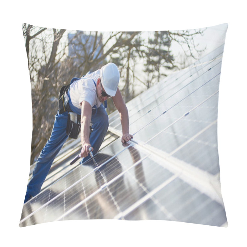 Personality  Electrician Mounting Blue Solar Module On Roof Of Modern House. Alternative Energy Ecological Concept. Pillow Covers