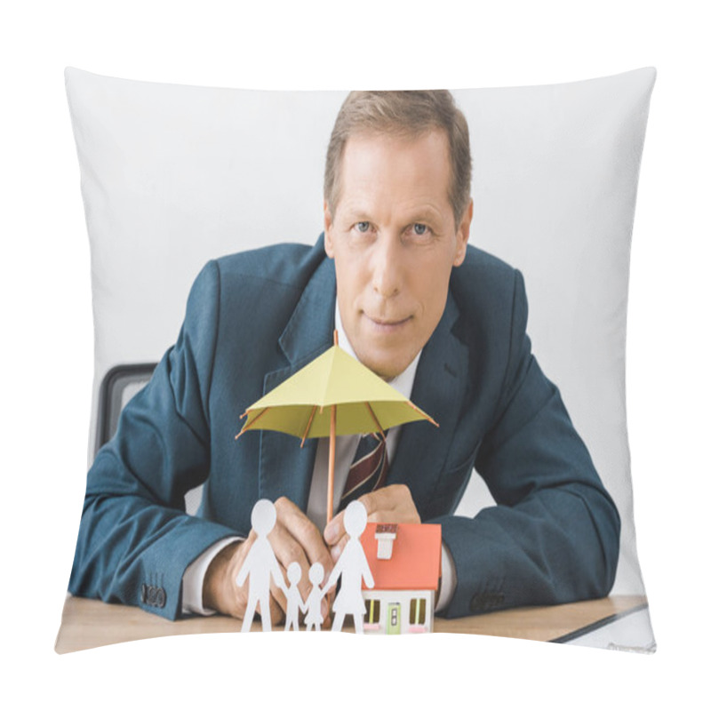 Personality  Businessman With Paper Cut Family, House Model And Umbrella On Wooden Table Pillow Covers