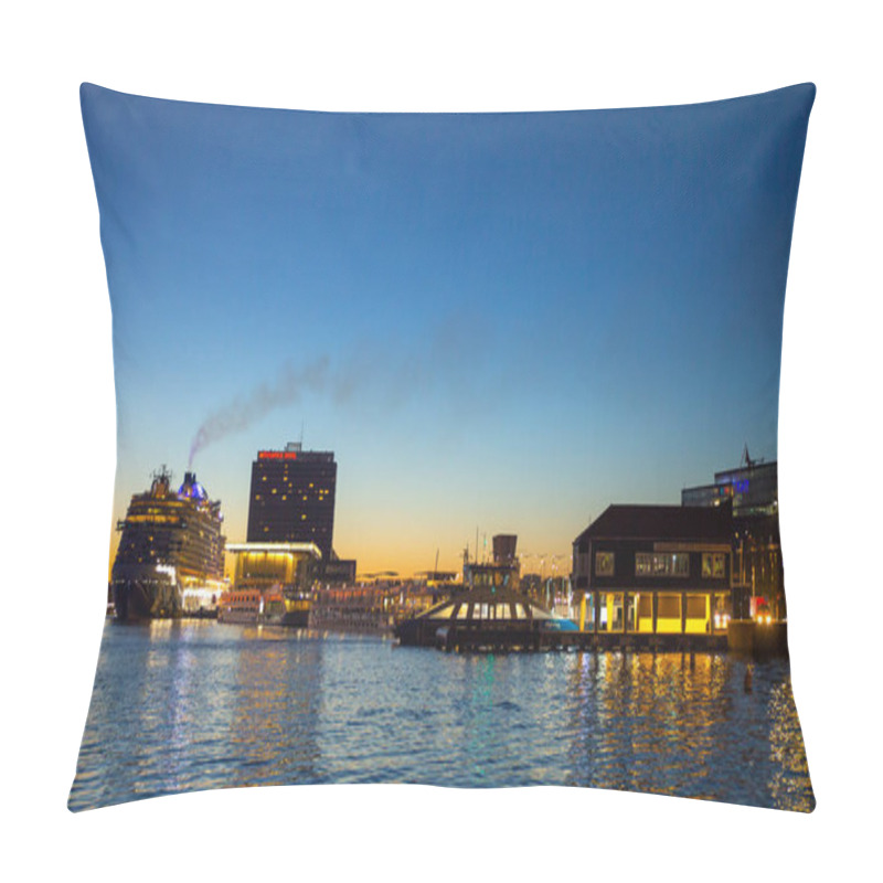 Personality  Amsterdam, NetherlandsOct 05, 2024: Busy Waterfront At Dawn With Reflection, Tourism Pillow Covers