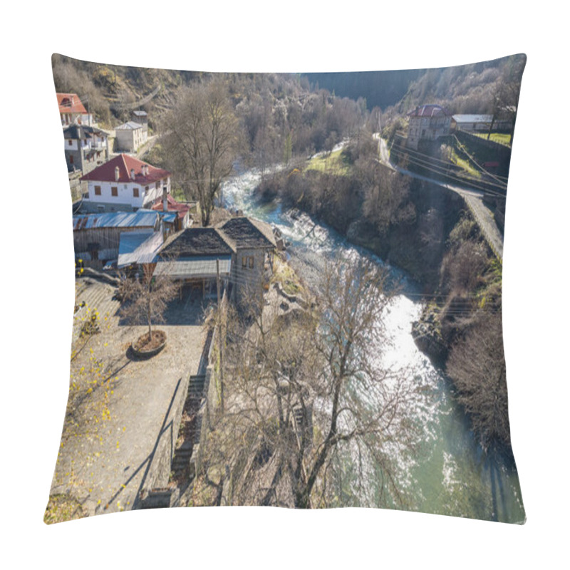 Personality  Aerial View Of  Vovousa Village And Aoos River  Located Next To Valia Calda Pindus National Park On East Zagori, Epirus, Greece. Pillow Covers