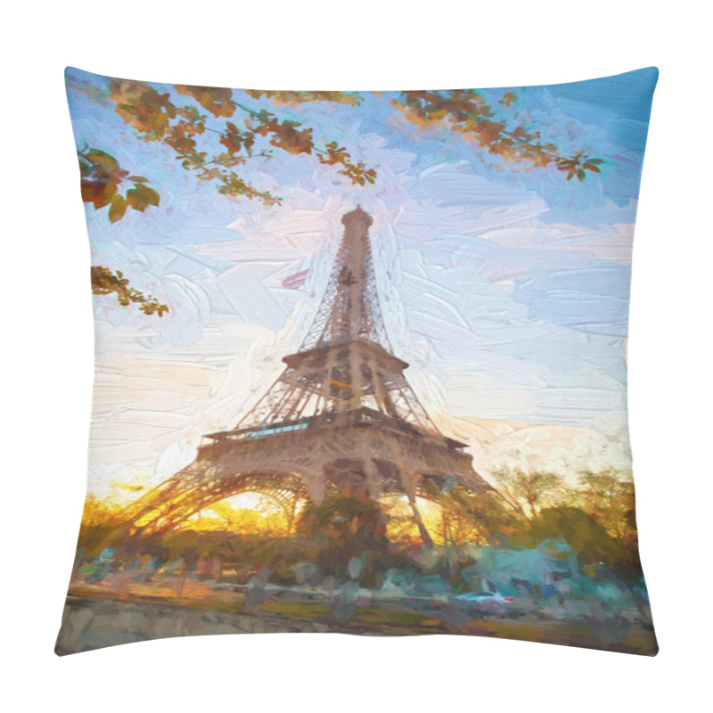 Personality  Eiffel Tower In Artwork Style During Spring Time In Paris, France Pillow Covers