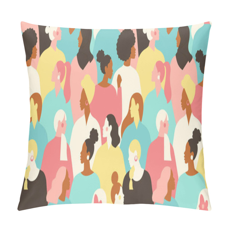 Personality  International Womens Day. Vector Seamless Pattern With With Groupe Of Women Different Nationalities And Cultures. Struggle For Freedom, Independence, Equality Pillow Covers