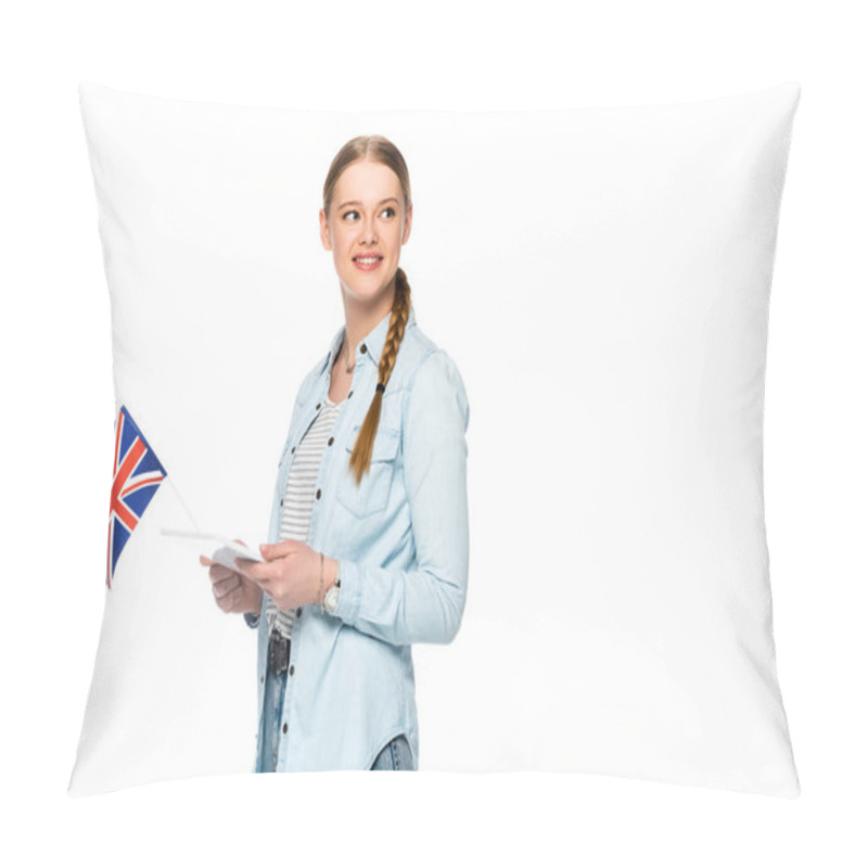 Personality  Smiling Pretty Girl With Braid Holding Digital Tablet And Uk Flag Isolated On White Pillow Covers