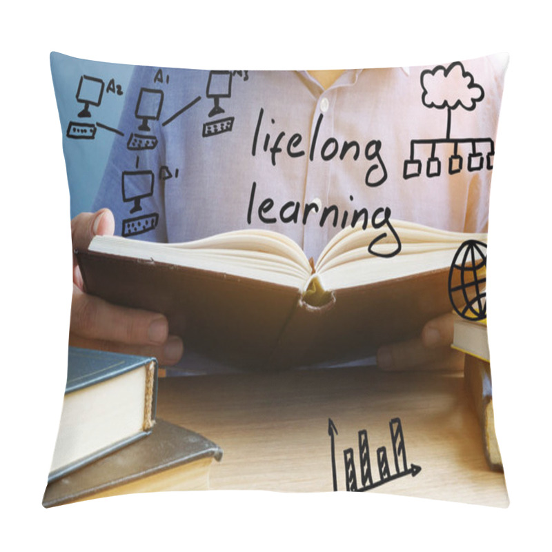 Personality  Lifelong Learning Concept. Man Holding And Reading The Book. Pillow Covers