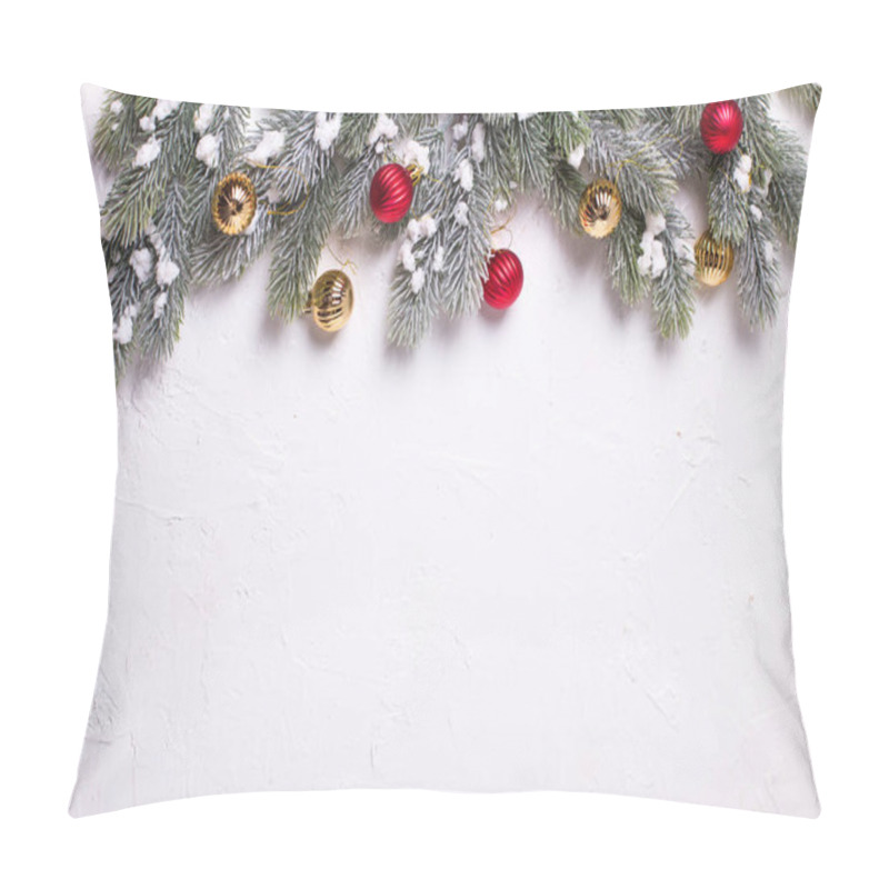 Personality  Top View Of Fit Tree Branches And Christmas Decorations On White Background Pillow Covers