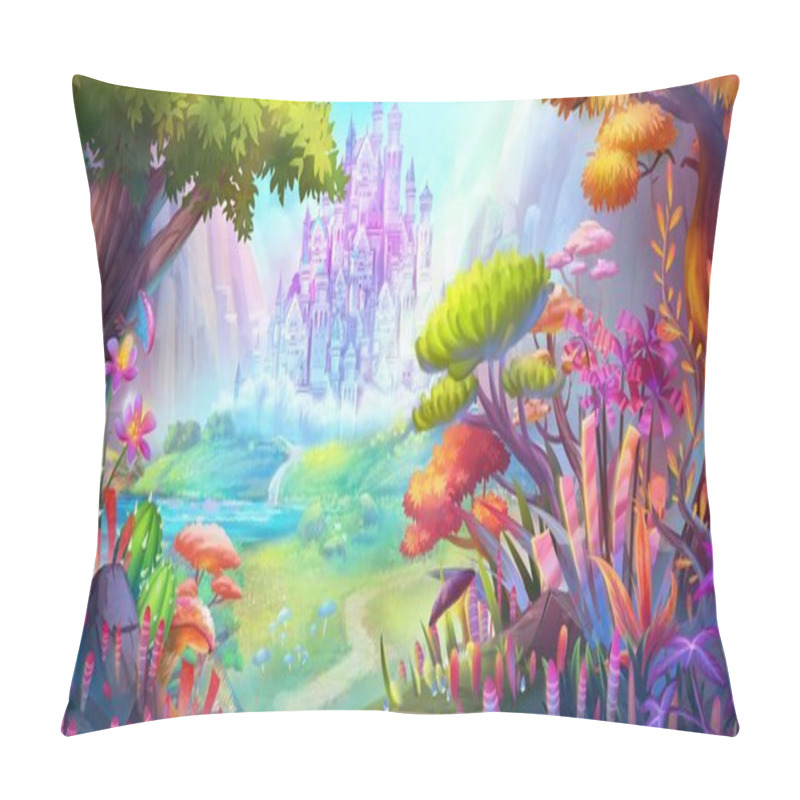 Personality  The Forest And Castle. Mountain And River. Fiction Backdrop. Concept Art. Realistic Illustration. Video Game Digital CG Artwork. Nature Scenery. Pillow Covers