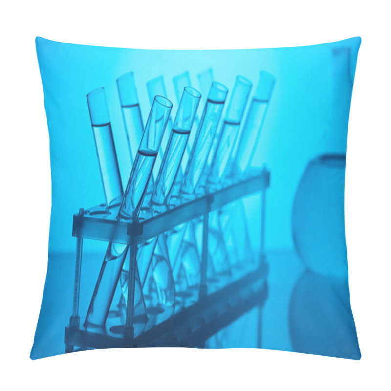 Personality  Glass Tubes With Liquid On Stand For Chemical Analysis In Laboratory On Blue Pillow Covers