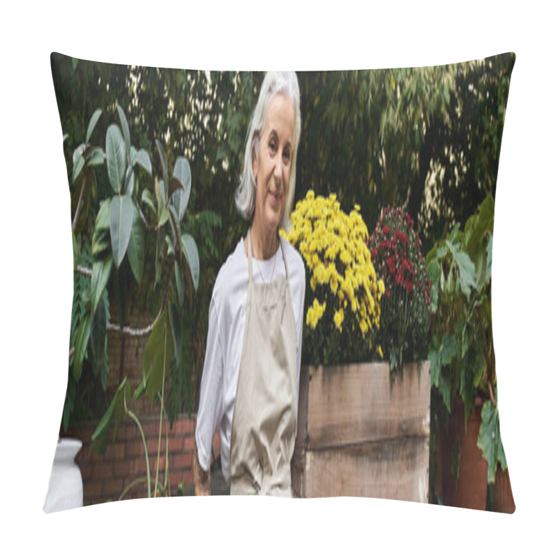 Personality  A Mature Woman Stands Happily Surrounded By Blooming Flowers And Lush Plants During Daylight. Pillow Covers