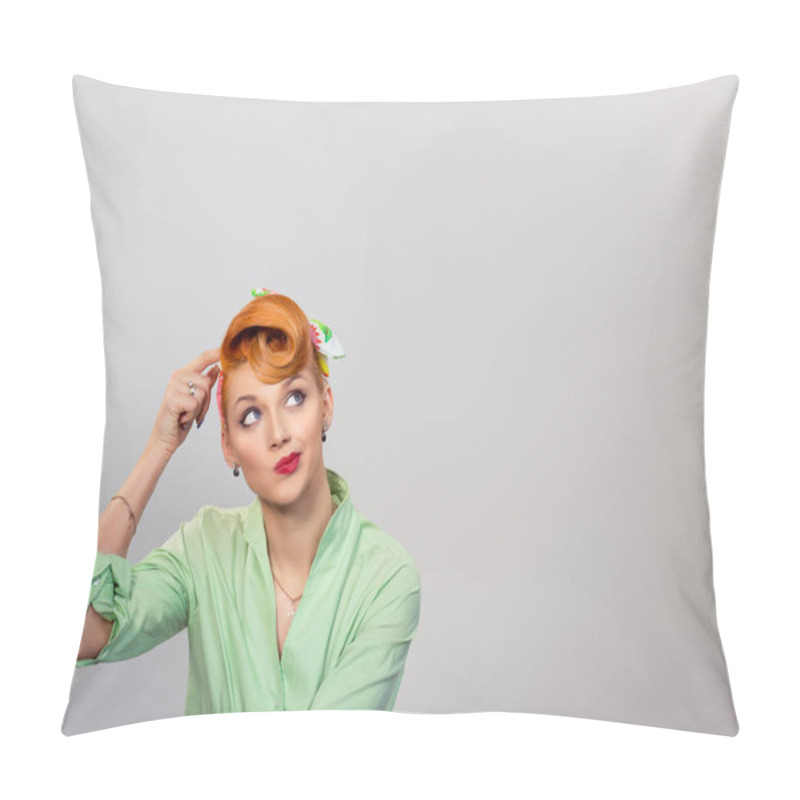 Personality  Illustration Young Woman Pretty Pinup Girl Red Button Shirt With White Polka Dots Giving Thumbs Up Sign Gesture Looking At You Camera Isolated Yellow Background Retro Vintage 50's Style. Human Emotions Body Language Pillow Covers