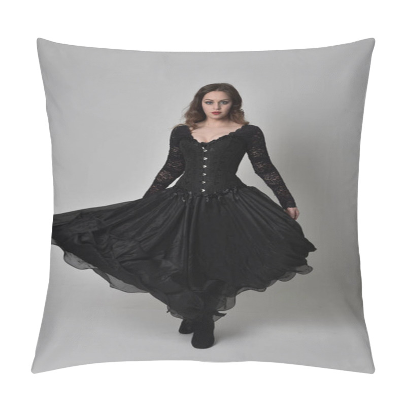 Personality  Full Length Portrait Of Brunette Girl Wearing Long Black Lace Gown Wit Corset. Standing Pose, Isolated On Grey Studio Background. Pillow Covers