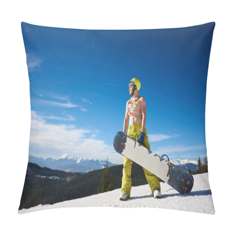 Personality  Young Athletic Snowboarder Man In Pants, Helmet And Boots With Bare Torso And Decorative Garland Holding Snowboard Standing On Snowy Hill  Pillow Covers