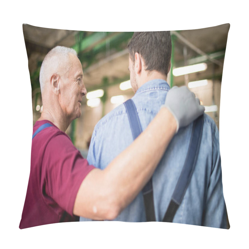 Personality  Senior Man In Workwear And Gloves Touching Shoulder Of His Young Subordinate During Talk Pillow Covers