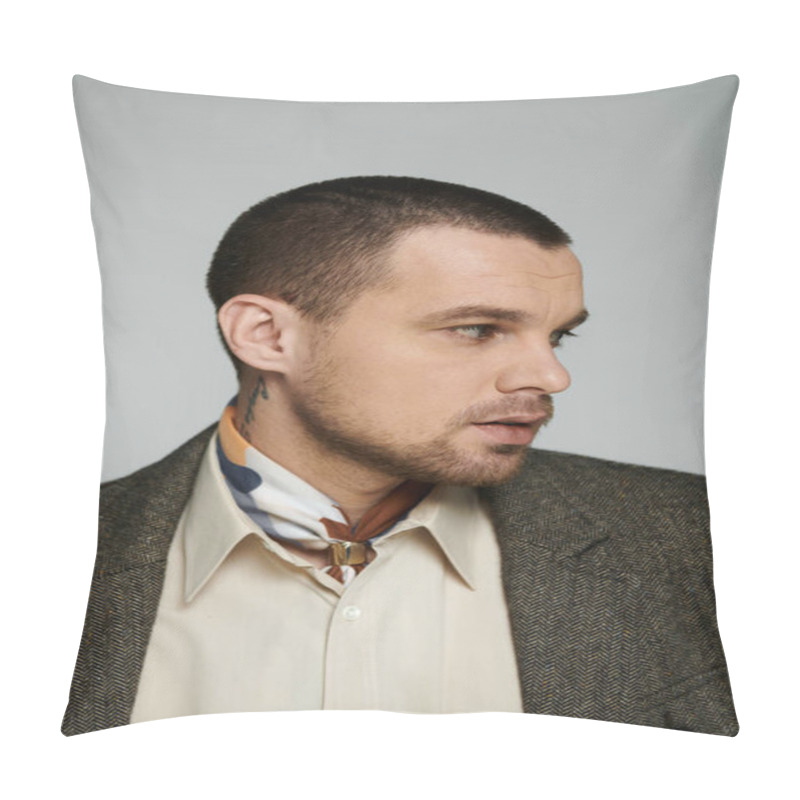 Personality  A Man With A Stylish Haircut And A Patterned Scarf Looks Off To The Side. Pillow Covers