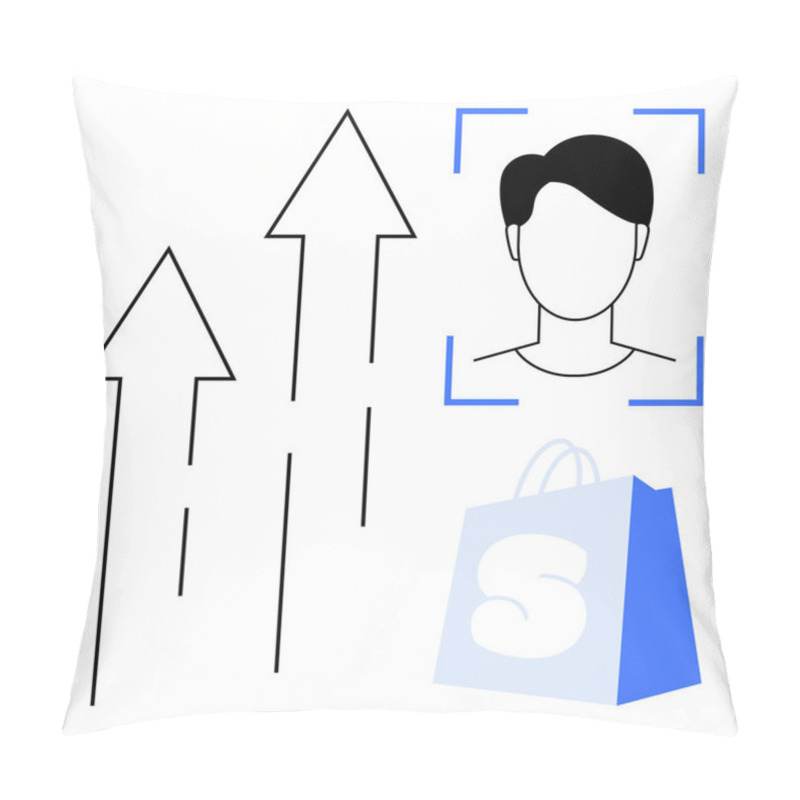 Personality  Arrows Pointing Upwards, A Faceless Person Inside A Facial Recognition Frame And A Shopping Bag Symbolize Growth, User Profiling, And E-commerce. Ideal For Online Shopping, Facial Recognition Pillow Covers