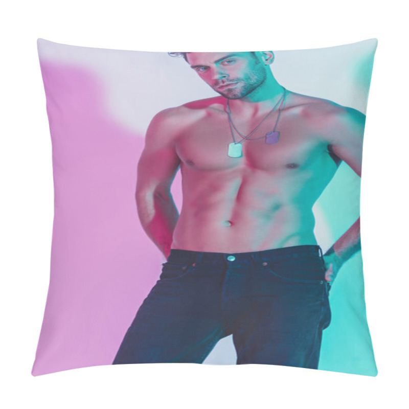 Personality  Sexy, Shirtless Man In Dark Blue Jeans Holding Hands Behind Back And Looking At Camera On Background With Violet Shadow Pillow Covers