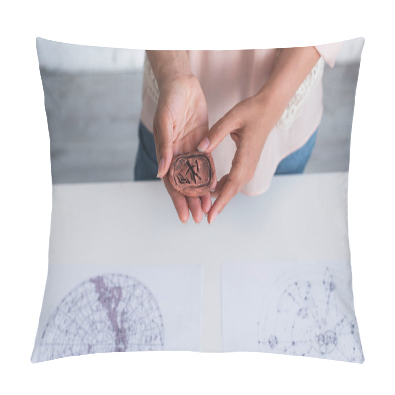 Personality  Partial View Of Astrologer Holding Clay Rune Near Blurred Celestial Charts Pillow Covers