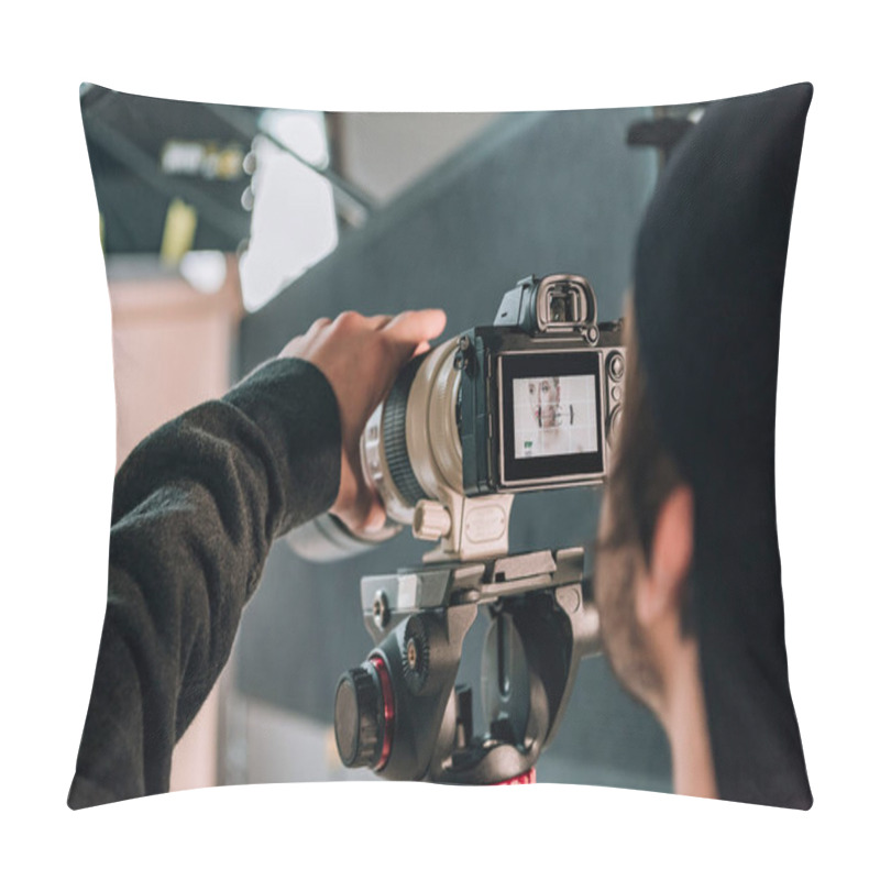 Personality  Selective Focus Of Videographer Filming Woman In Photo Studio Pillow Covers