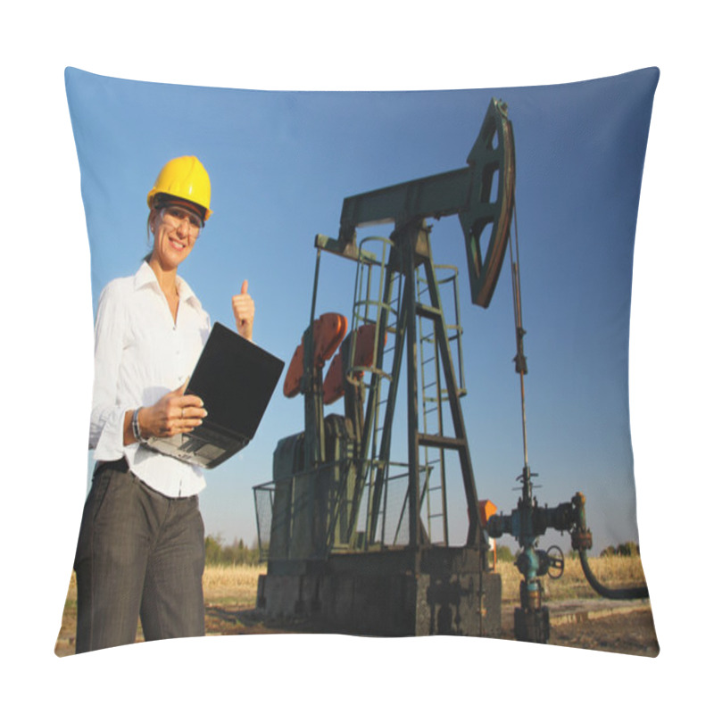 Personality  Smiling Female Engineer In An Oilfield Pillow Covers