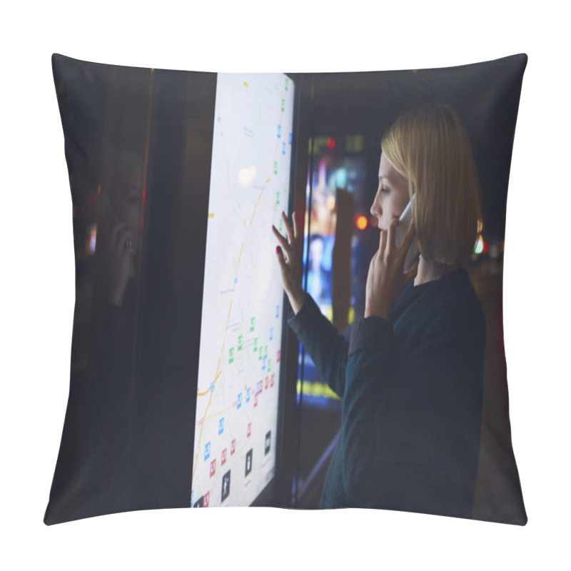 Personality  Woman Touching Digital Display On Bus Stop Pillow Covers