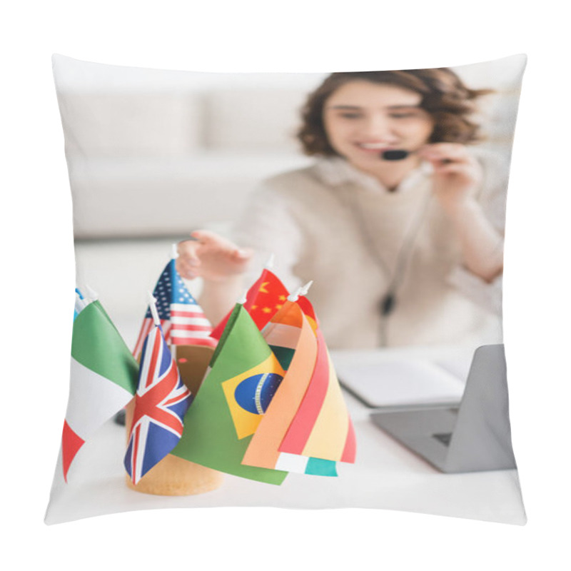 Personality  Selective Focus Of Various International Flags Near Laptop And Blurred Language Teacher Working At Home Pillow Covers