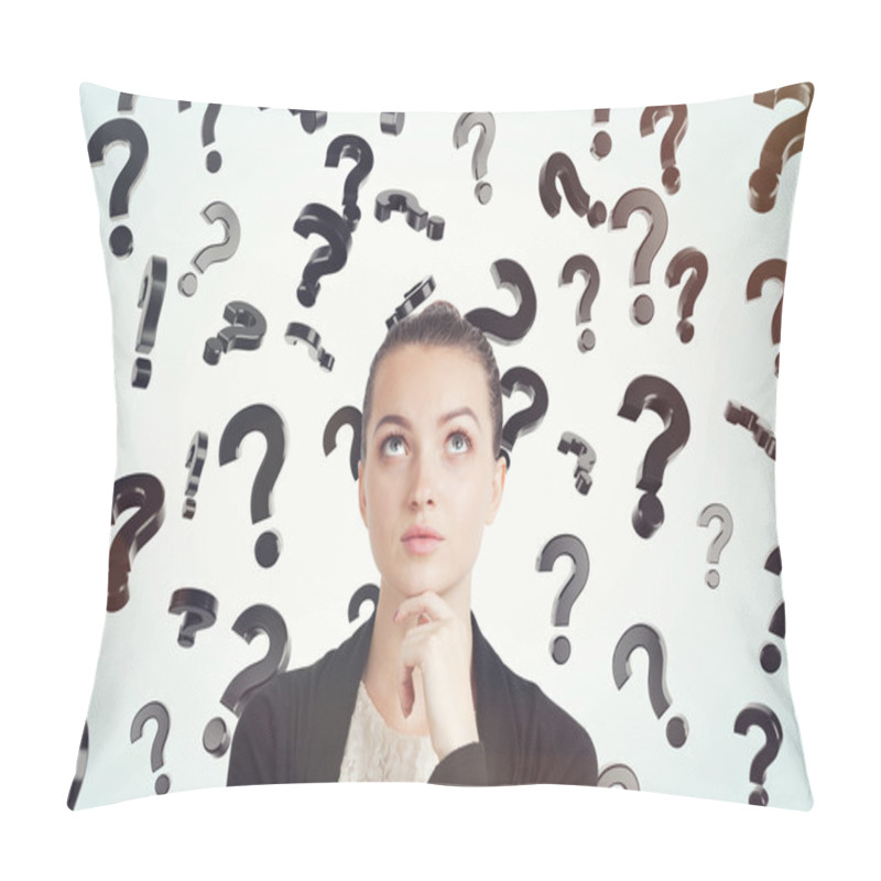 Personality  Close Up Of Woman In Black And White Clothes And Floating Questi Pillow Covers