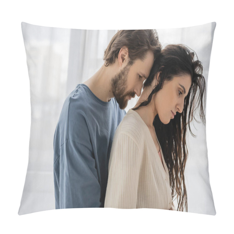 Personality  Side View Of Sad Bearded Man Hugging Girlfriend At Home  Pillow Covers