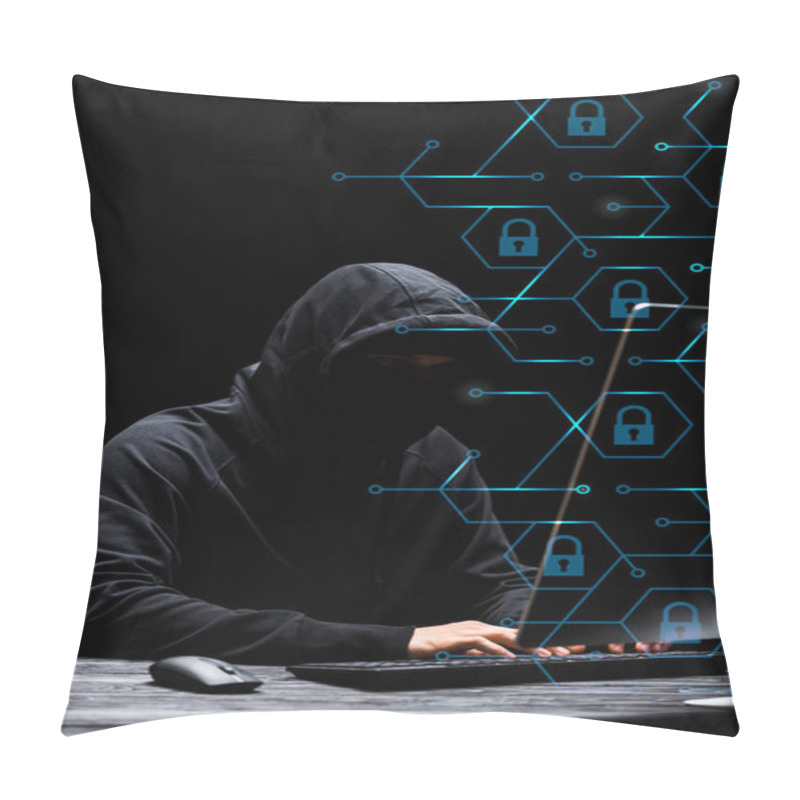 Personality  Hacker In Mask Sitting Near Computer Monitor And Typing On Computer Keyboard Near Padlocks On Black  Pillow Covers