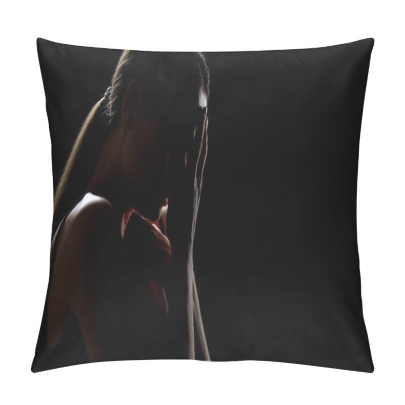 Personality  Lady Crying Against Black Background, Feeling Frustrated, Pain Of Relative Loss Pillow Covers