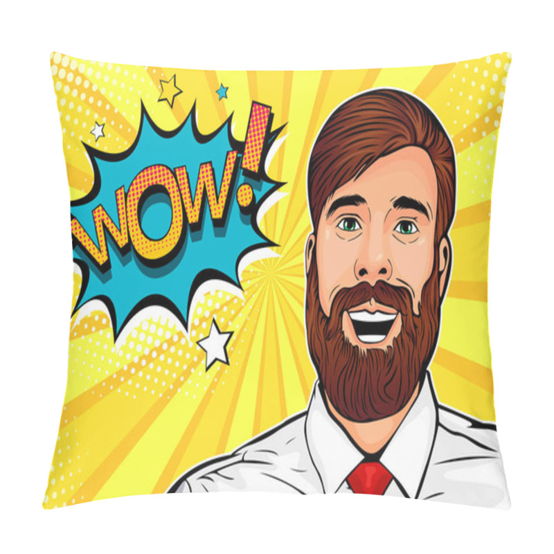 Personality  Wow Pop Art Male Hipster Face. Young Surprised Man With Beard And Open Mouth Wow Speech Bubble. Vector Colorful Illustration In Retro Comic Style. Pillow Covers