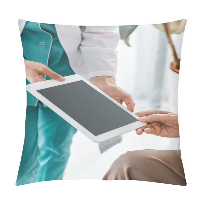 Personality  Close Up On Doctor And Senior Patient Hands Holding Digital Tablet With Blank Screen Pillow Covers